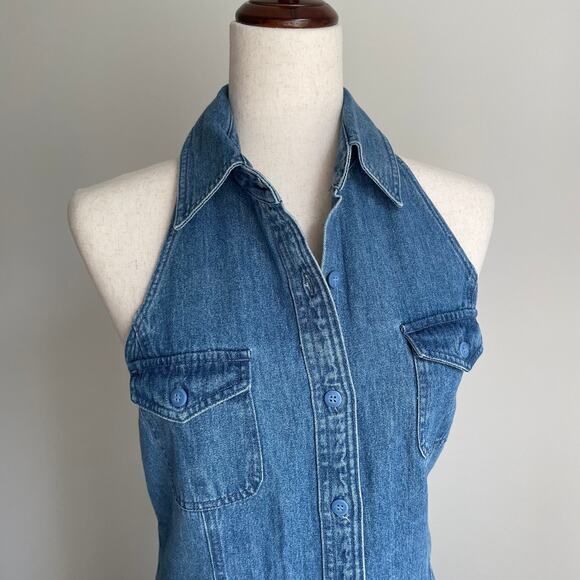 y2k 90s Vintage Denim Halter Midi Dress Size 8P Blue Button-Up Sleeveless Collar - Picture 9 of 15